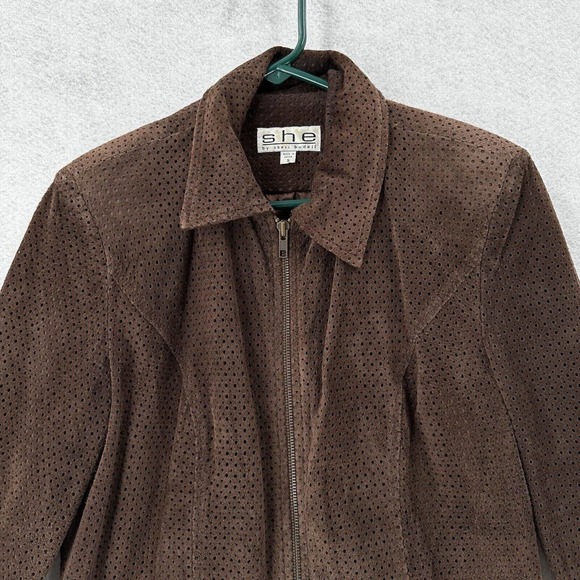 Sheri Bodell Suede Jacket Womens SMALL Brown Eyelet Artsy Zip Up Leather Coat - Picture 4 of 15